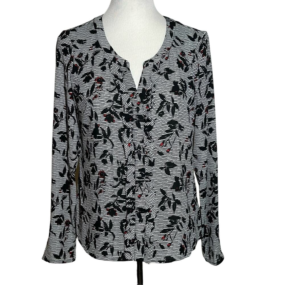 Candies Women's Black & White Red Floral Button Up Long Sleeve Blouse sz M